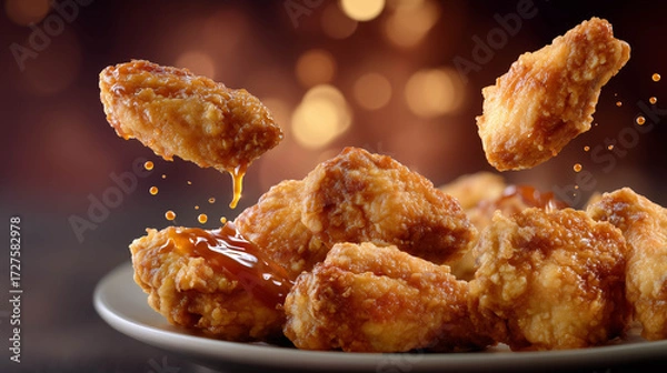 Fototapeta Crispy fried chicken wings flying mid-air with spicy buffalo sauce splashing around them.