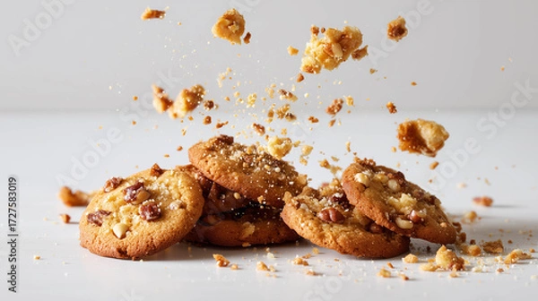 Fototapeta Crisp cookies breaking into crumbs against a clean white background.