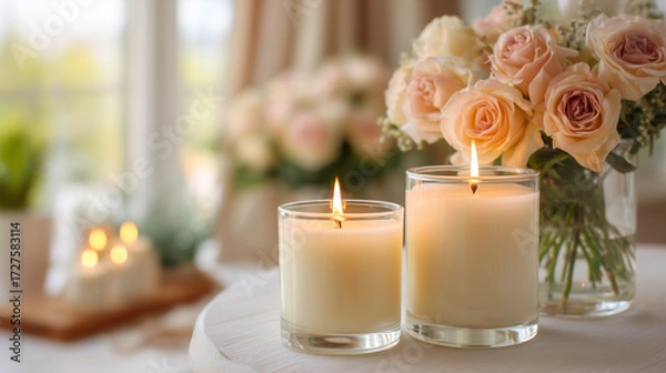 Fototapeta Two vanilla white candles of different sizes on a light table with semi-blurred soft roses in the background.