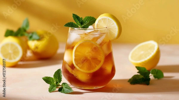 Fototapeta A glass filled with lemon iced tea, garnished with lemon slices and fresh mint, placed on a soft yellow background.