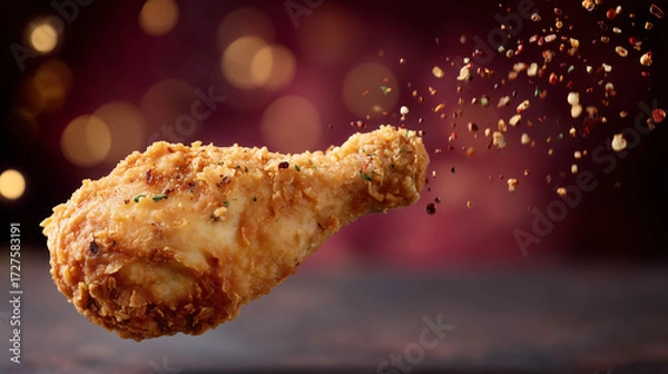 Fototapeta A golden, crispy fried chicken drumstick caught mid-air with flying crumbs and spices, over a fiery red gradient background, perfect for bold fast-food branding.