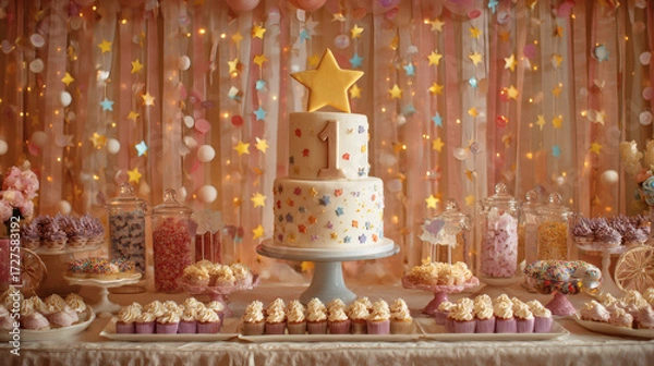 Fototapeta A table with birthday desserts and a circular cake with a star on top and the number 1, confetti and candles