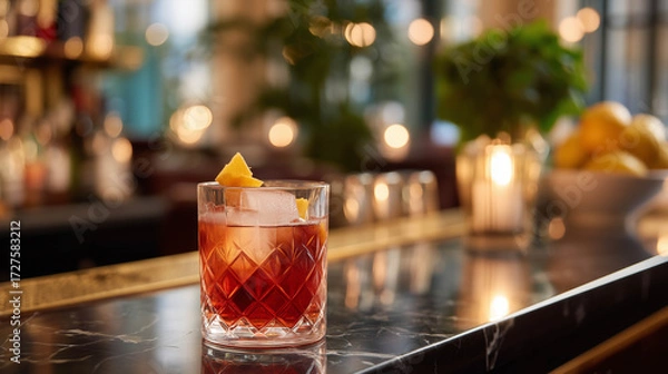 Fototapeta A crystal glass of ruby red Negroni with a large clear ice cube and orange twist garnish, resting on a reflective black marble bar counter.