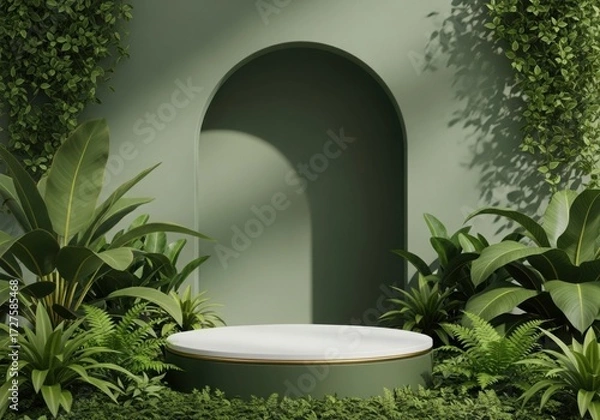 Fototapeta Arched podium display surrounded by lush greenery and dramatic sunlight shadows illustration