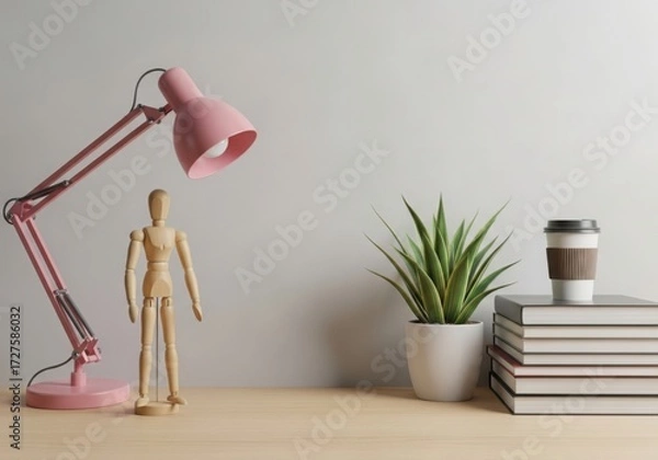 Fototapeta Minimalist workspace setup with desk lamp wooden mannequin books and coffee cup illustration