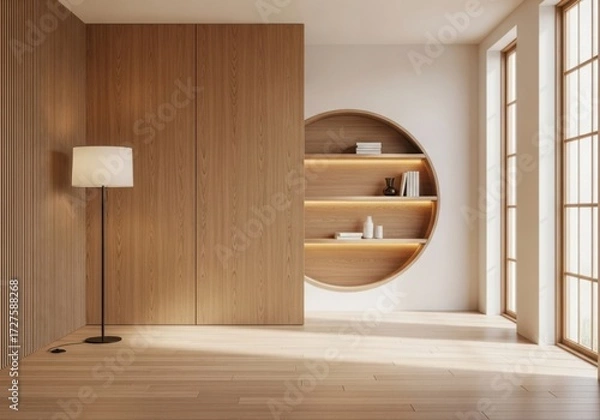 Fototapeta Modern interior design featuring natural wood textures and minimalist furniture with circular shelf unit illustration