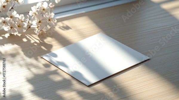 Obraz Springtime Mockup: Blank Card on Wooden Surface with Blossoms