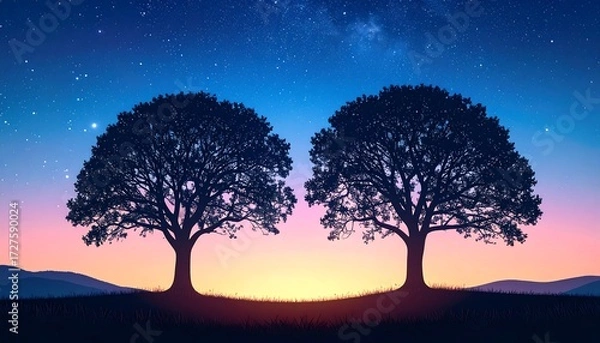 Obraz Two silhouetted trees under a starry night sky with a colorful horizon