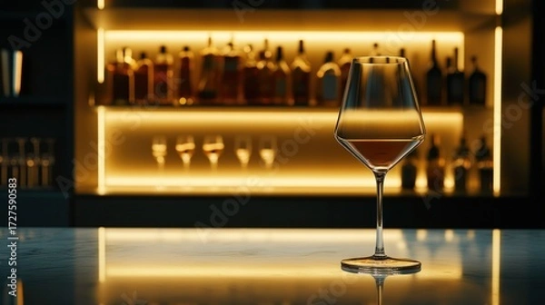 Fototapeta Wine Glass on Bar Counter with Backlit Bottles