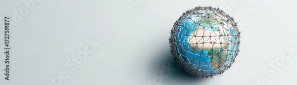 Fototapeta World Globe Enclosed in Barbed Wire,Global conflict , Security