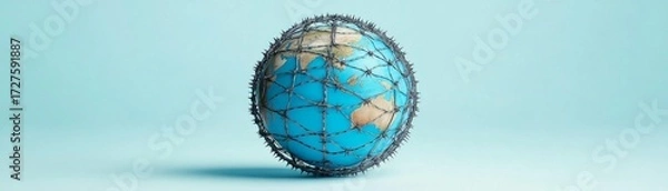 Fototapeta World Globe Ensnared by Barbed Wire Global Conflict and Border Security on Soft Blue Backdrop,Global Issues ,Restriction