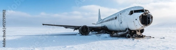 Fototapeta Wrecked Airplane on Snowy Plain Under Blue Sky Abandoned Aircraft in Winter Wasteland ,Crash ,Arctic