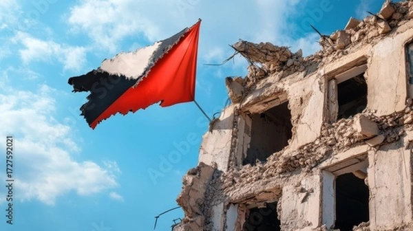 Fototapeta Worn Flag and Ruined Building Post-War Devastation Concept, Conflict ,Destruction