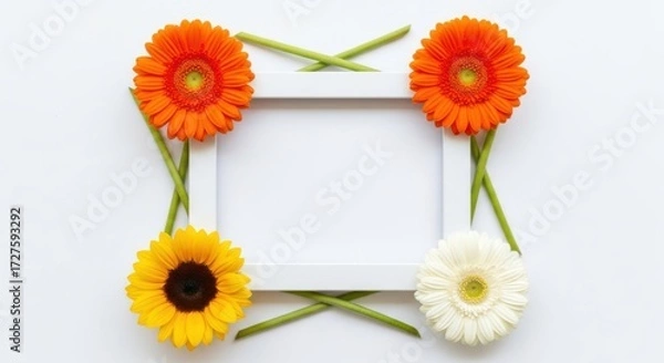Obraz Four gerbera daisy flowers and a sunflower arranged around a white frame, isolated on white background