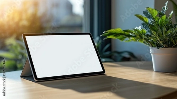 Obraz Modern Tablet Mockup: Blank Screen on Wooden Desk with Plant
