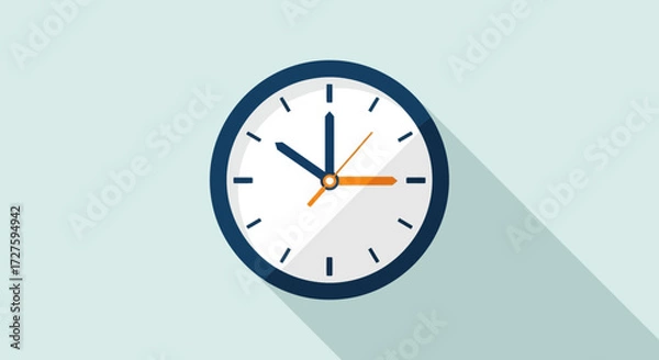 Fototapeta A classic analogue clock with blue casing and white face displays the time with its hour, minute, and second hands casting a long shadow