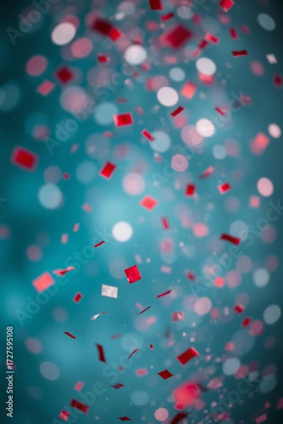 Fototapeta Abstract background with bokeh defocused lights and red confetti