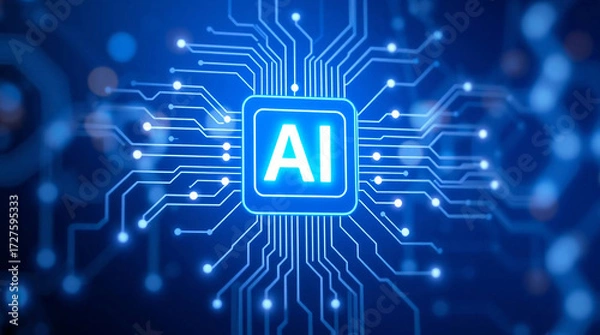 Fototapeta Digital illustration of an AI chatbot processor with intricate circuit lines on a blue background