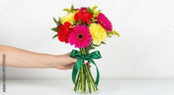 Fototapeta Hand holding a colorful bouquet of flowers tied with a green ribbon, isolated on white background