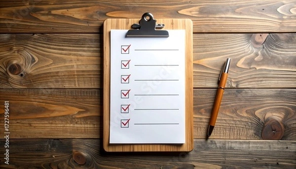 Obraz Clipboard with blank checklist on wooden table