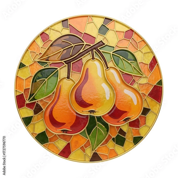 Fototapeta Circular stained glass mosaic featuring three golden pears with green leaves, arranged on a warm autumn background in red, yellow, and orange tones