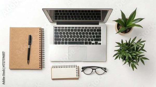 Obraz Flat Lay Laptop Notepad Plant Glasses Home Office —AI GENERATED