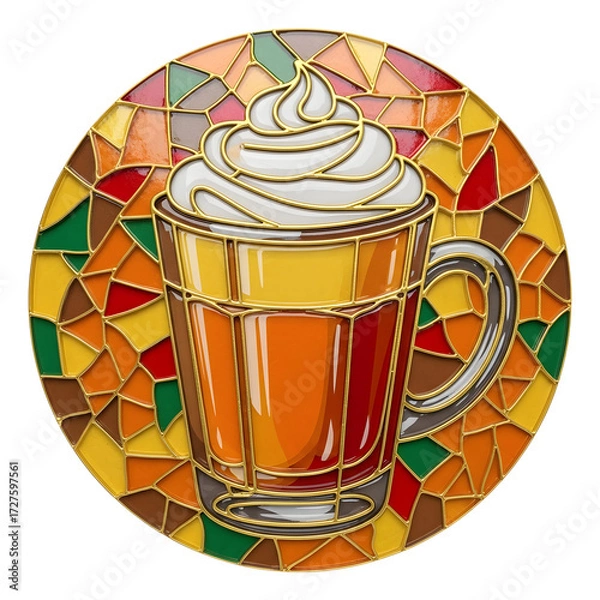 Fototapeta Circular stained glass mosaic featuring a glass mug of pumpkin spice latte topped with whipped cream, set against a colorful autumn background