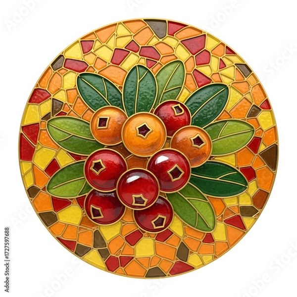 Fototapeta Circular stained glass mosaic featuring bright red cranberries with green leaves, arranged on a warm autumn background of yellow, orange and brown tiles