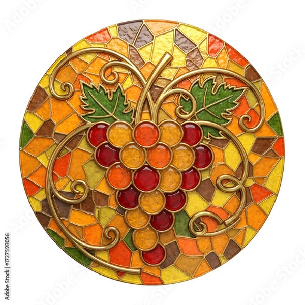 Fototapeta Circular stained glass mosaic featuring a bunch of red and golden grapes with green leaves and swirling vines in warm autumn colors