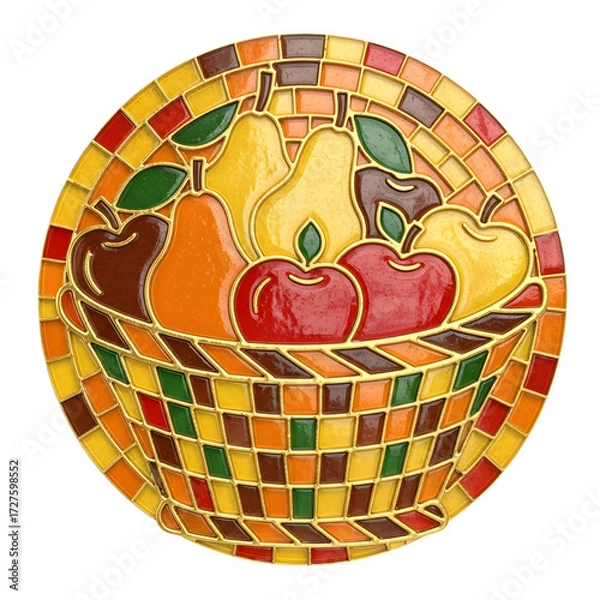 Fototapeta Circular stained glass mosaic featuring a woven basket filled with apples and pears in warm autumn tones of red, yellow, green and orange