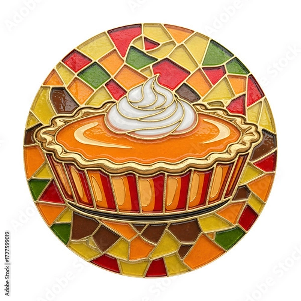 Fototapeta Circular stained glass mosaic featuring a slice of pumpkin pie with whipped cream in vibrant autumn tones