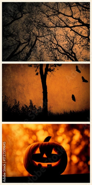 Fototapeta halloween collage with silhouetted trees, flying birds, and glowing jack-o'-lantern in warm orange and black autumnal composition