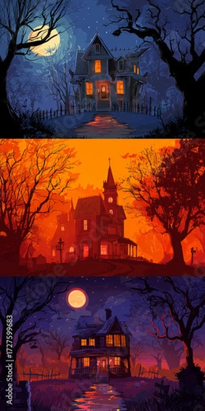 Fototapeta haunted house triptych with victorian, gothic, and surreal architecture in moonlit blue, fiery orange, and purple night settings with eerie trees and shadows