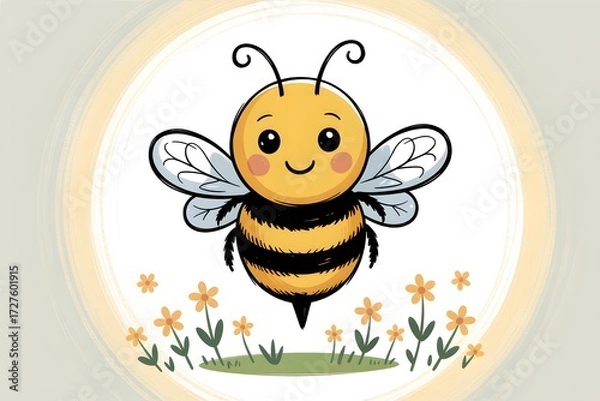 Fototapeta Cute Cartoon Bee with Rosy Cheeks Flying Over Flowers – Playful and Whimsical Illustration in a Light Circular Frame