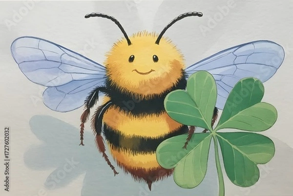 Fototapeta Cute Fuzzy Bumblebee Holding a Green Clover Leaf – Whimsical Watercolor-Style Illustration of a Smiling Bee with Blue Wings