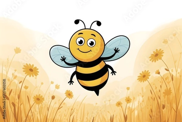 Fototapeta Happy Cartoon Bee Flying Over a Sunny Flower Field – Cheerful Illustration with Warm Colors and Playful Character Design
