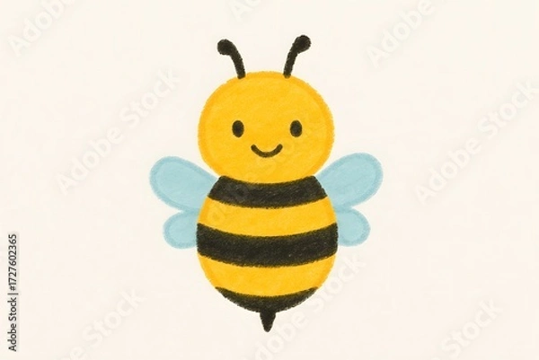 Fototapeta Simple and Adorable Crayon-Style Drawing of a Smiling Cartoon Bee with Blue Wings on a Soft Beige Background