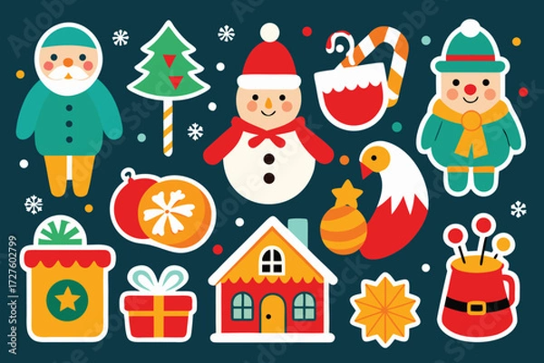 Fototapeta Vector art of christmas sticker set with santa claus and snowman on dark background
