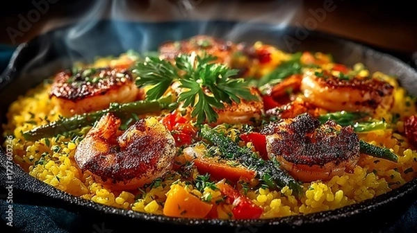 Fototapeta Colorful seafood paella with herbs and spices high resolution picture