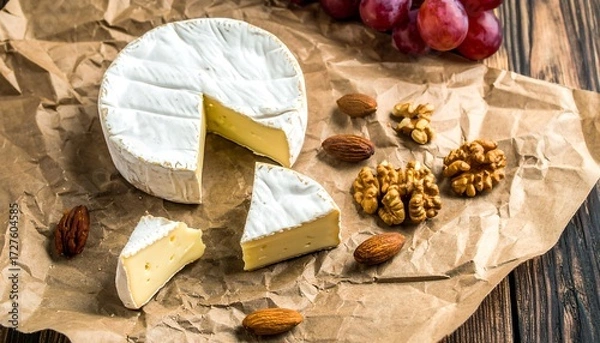 Fototapeta Brie wheel and wedge next to grapes and nuts on crinkled brown paper and wood grain