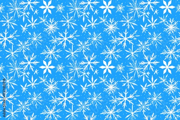 Fototapeta Beautiful watercolor seamless pattern, showcasing unique frosty snowflakes and sparkling accents. Icy blue and silver hues, ideal for winter season projects.