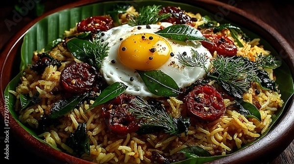 Fototapeta Delicious Indian fried rice with herbs high resolution picture