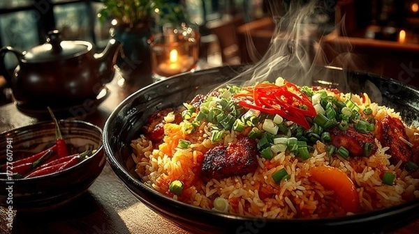 Fototapeta Delicious vegetable fried rice topped with herbs high resolution picture