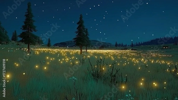 Obraz Enchanting Night Meadow with Luminescent Fireflies