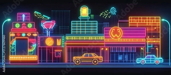 Obraz Neon Cityscape: Vibrant Futuristic Buildings and Cars Illuminated at Night.