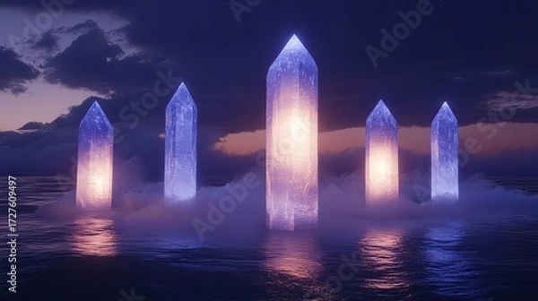 Obraz Ethereal Crystal Pillars Emerge from Misty Ocean Waters Under a Dramatic Twilight Sky