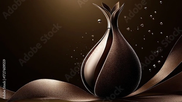 Obraz Elegant Brown Perfume Bottle with Metallic Ribbon and Floating Bubbles