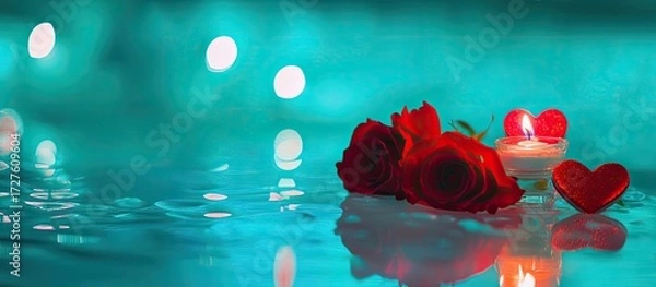 Obraz Romantic Composition: Red Roses, Heart Candle, and Teal Water Reflection