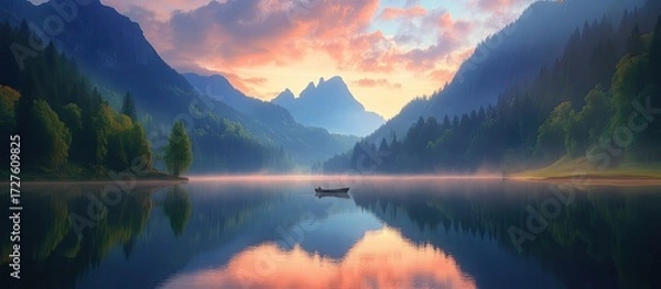 Obraz Serene Mountain Lake at Dawn with Lone Boat and Misty Hues