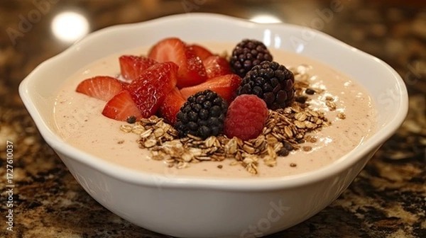 Obraz Close-up of a Creamy Berry Smoothie Bowl Topped with Fresh Strawberries, Blackberries, Raspberries, and Granola